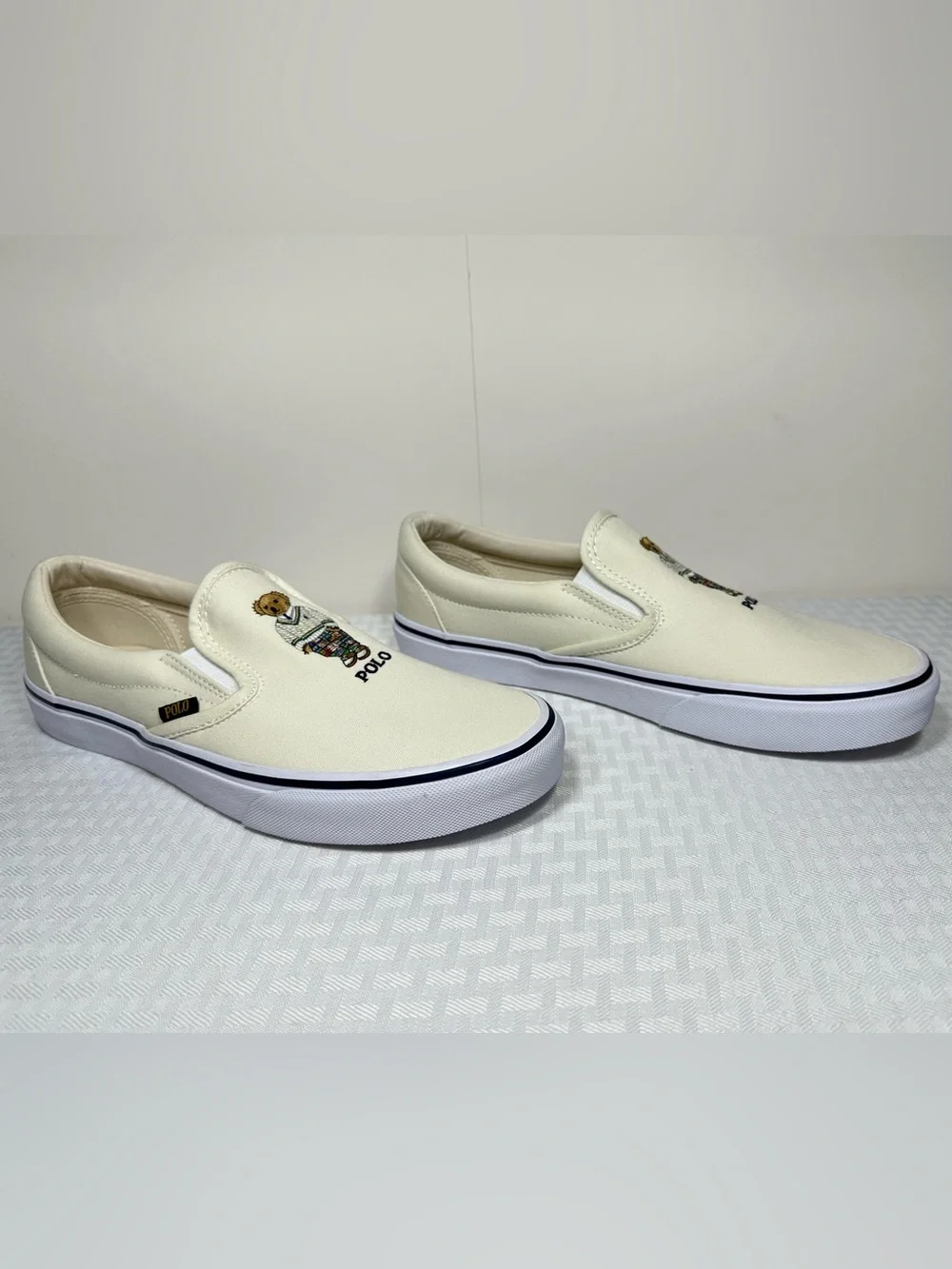Polo Ralph Lauren Keaton Slip-On Bear Men's 10 Canvas Cream Sneaker Shoes EXC!